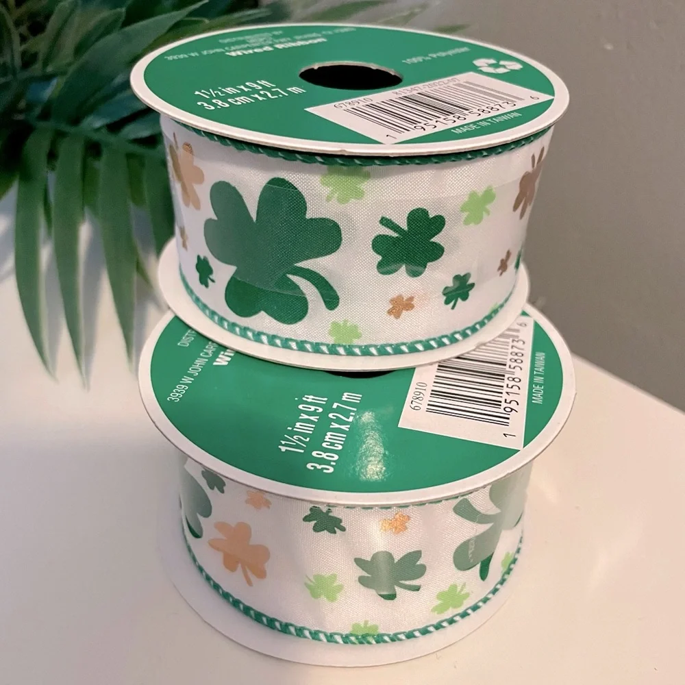 St. Patrick’s Day Wired Ribbon with Shamrock Clovers, White, Green & Gold, 2pack
